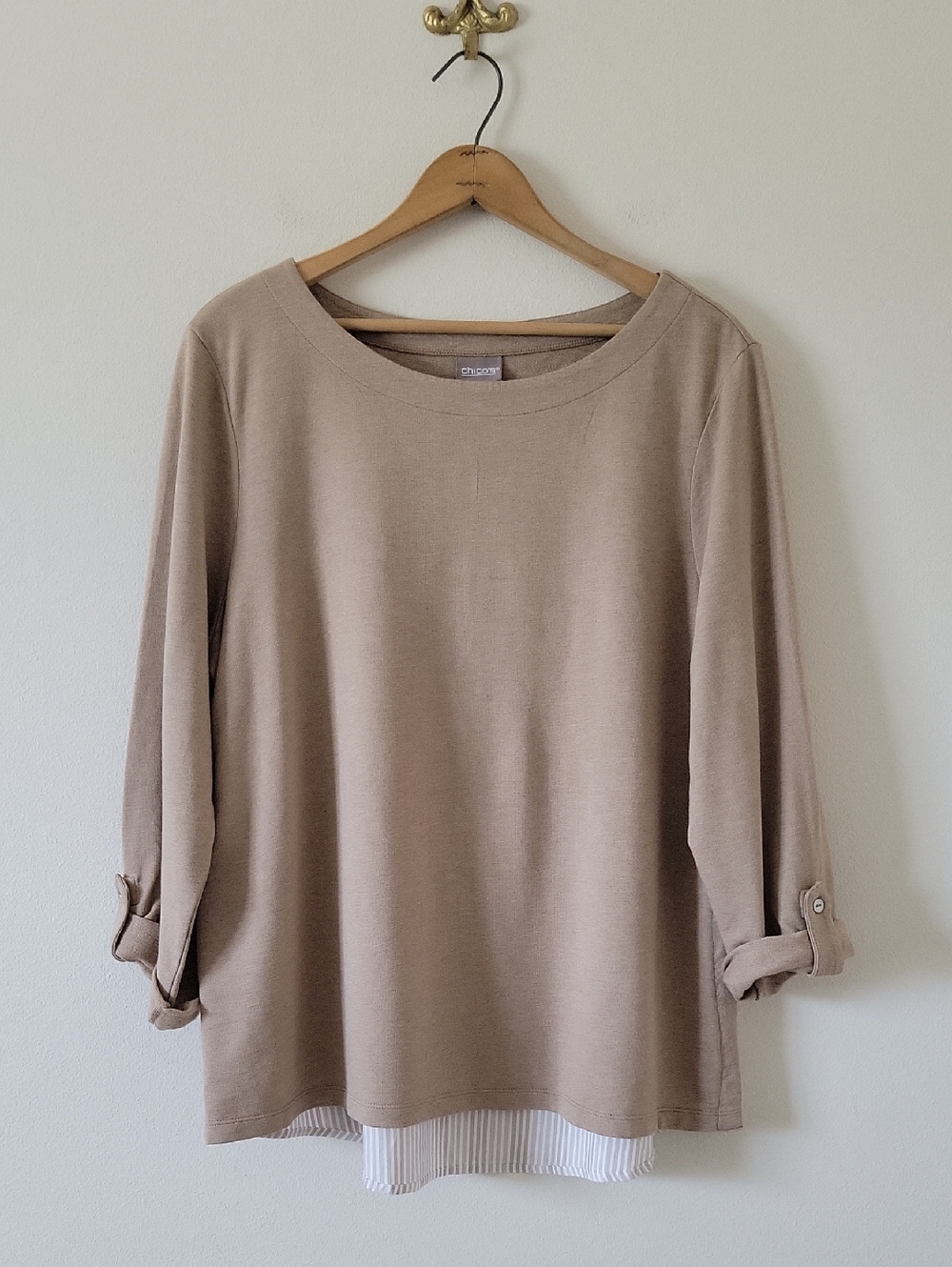 Chico's Tan Boatneck Tunic‎ White Stripe Shirt Tail Hem 3/4 Sleeves Size XL